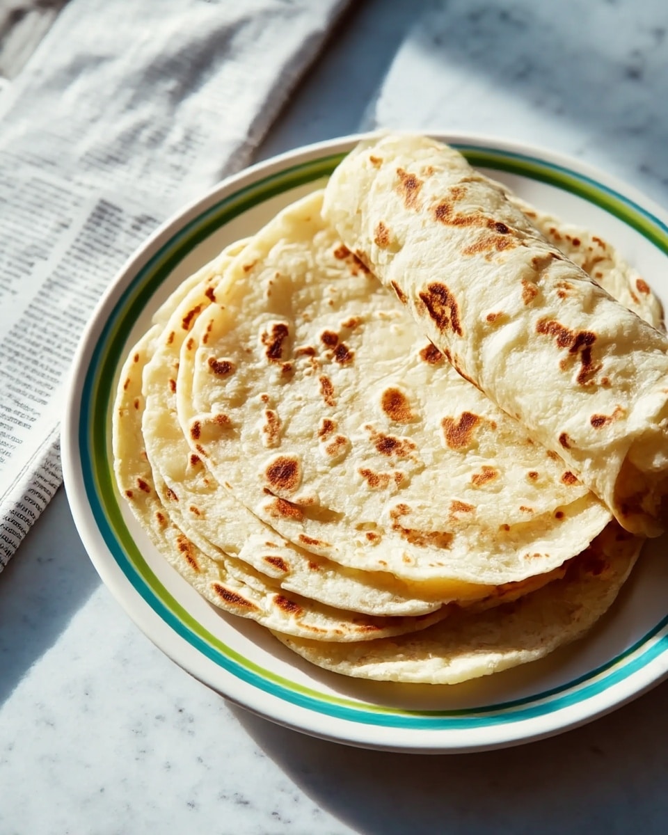 A stack of four light golden brown flatbreads with irregular dark brown spots sits on a white plate with two thin rings in blue and green near the edge. The top flatbread is rolled and placed on top of three flat ones stacked flat. The plate is set on a white marbled surface with a newspaper folded to the left side, creating a casual breakfast setting. photo taken with an iphone --ar 4:5 --v 7