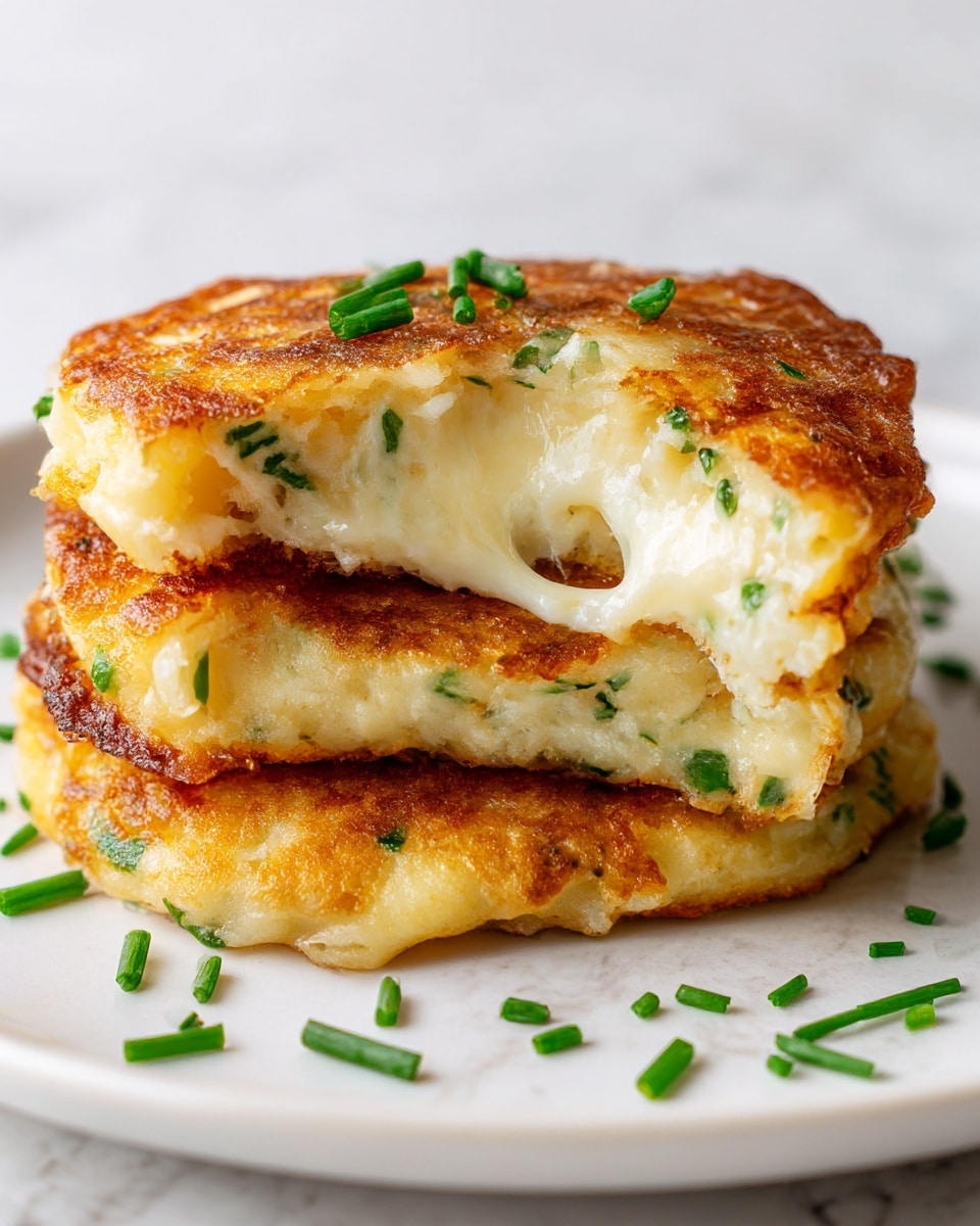 A close-up view of three stacked potato pancakes on a white plate with a white marbled texture background. The pancakes are golden brown and crispy on the outside with visible small pieces of green chives mixed in. The top pancake has a bite taken out, showing a melted, stretchy white cheese layer inside. The golden edges contrast with the soft, cheesy, and slightly gooey interior. Small green chive pieces are scattered on top for garnish. Photo taken with an iphone --ar 4:5 --v 7