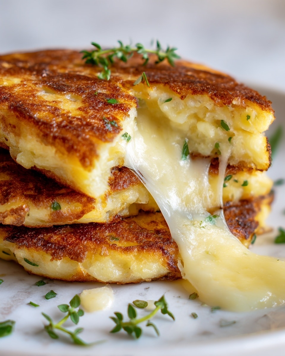 A stack of three golden-brown potato pancakes is shown close-up on a white plate, each layer crispy on the outside with a slightly uneven surface texture. The top pancake is broken in half, revealing a soft inside with melted, stringy white cheese stretching from the middle to the bottom pancake. Small bits of green herbs are scattered on and around the pancakes, adding a fresh touch. The white marbled surface beneath is softly blurred, keeping the focus on the warm, inviting food. photo taken with an iphone --ar 4:5 --v 7