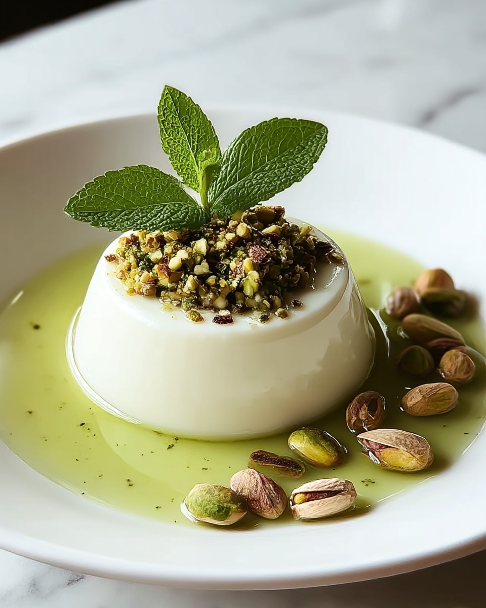 A smooth, creamy white panna cotta sits in the center of a white plate, surrounded by a light green sauce. On top of the panna cotta is a small pile of finely chopped pistachios in shades of green and brown, crowned with two fresh dark green mint leaves. Around the base, scattered larger pistachio pieces add texture and color contrast. The scene is set on a surface with a white marbled texture, giving a clean and fresh look. Photo taken with an iphone --ar 4:5 --v 7