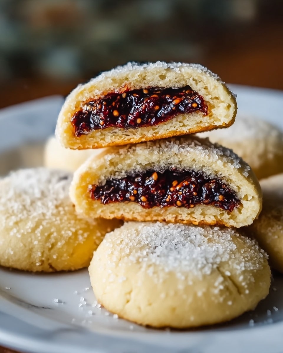 The image shows four round cookies placed on a white plate, each with a golden, crumbly outer layer covered with small white sugar crystals. One cookie is cut in half and stacked on top of another, revealing a thick, dark reddish-purple filling with visible small seeds inside. The cookies have a soft, delicate texture with a slightly crispy bottom layer, contrasting with the dense, sticky fruit filling in the center. The surface is a white marbled texture, softly blurred in the background. Photo taken with an iphone --ar 4:5 --v 7