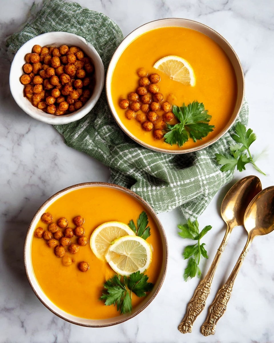 Two bowls of smooth orange soup are placed on a white marbled surface. Each bowl contains a bright orange creamy soup base, topped with a cluster of golden brown roasted chickpeas on one side, fresh green parsley leaves near the chickpeas, and two thin, half-moon slices of lemon resting on the surface of the soup. Between the bowls is a white bowl filled with more golden roasted chickpeas. A green and white checkered cloth is casually draped across the scene. To the right, two ornate gold spoons lie on the white marbled surface next to a small sprig of parsley. photo taken with an iphone --ar 4:5 --v 7