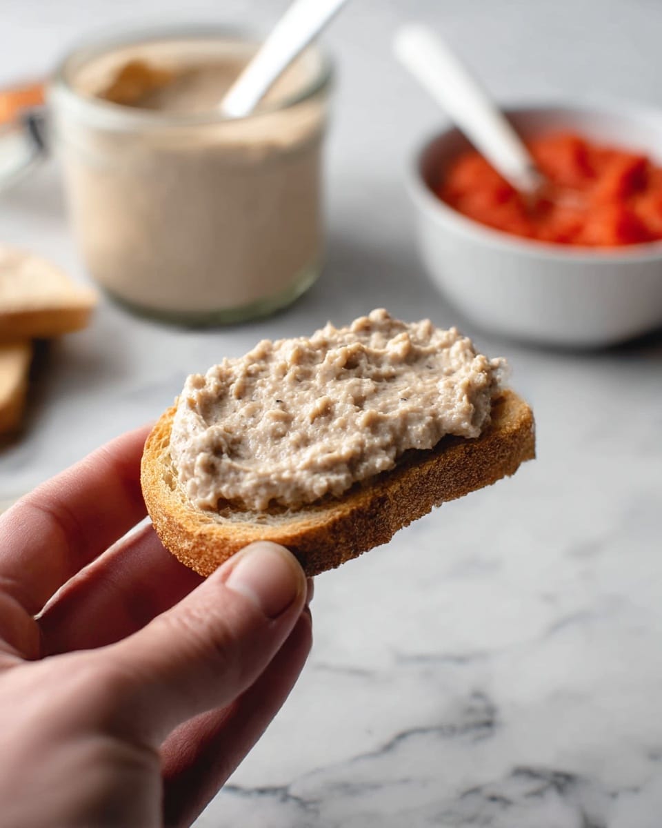 A close-up image shows a woman's hand holding a small, toasted slice of light brown bread topped with a thick layer of chunky, creamy greyish-beige spread. In the background, there is a clear glass container filled with the same spread and a white utensil resting inside it, along with a white bowl filled with a bright red topping, all set against a white marbled surface. The focus is sharp on the bread and spread, while the background items are softly blurred. photo taken with an iphone --ar 4:5 --v 7
