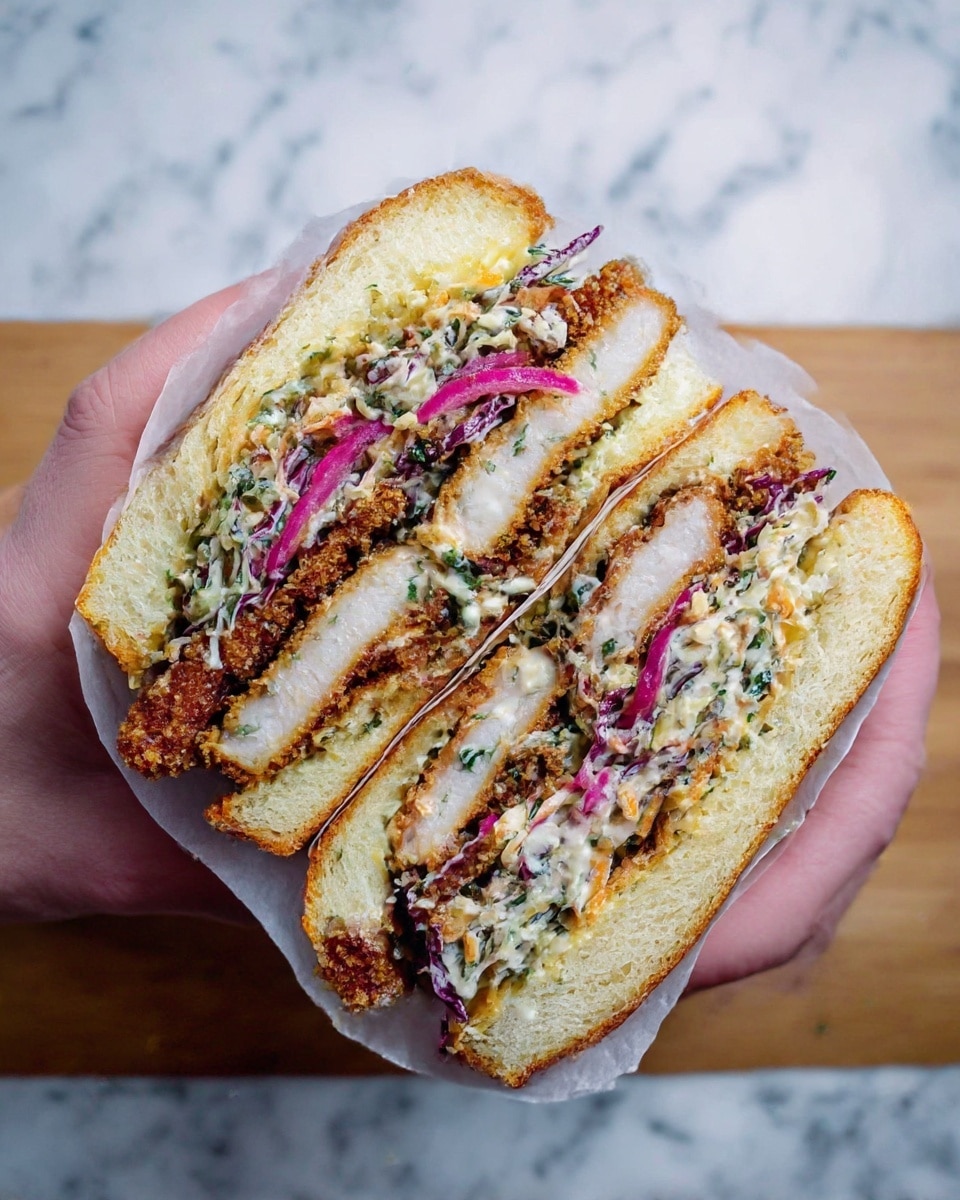 A close-up of a thick sandwich cut in half, held by two woman's hands, showing several layers. The outer layers are soft white bread with a lightly toasted golden crust. Inside, there are multiple thick pieces of crispy fried chicken with a golden brown crunchy coating. Surrounding the chicken is a colorful coleslaw mix with finely chopped purple cabbage, orange carrot bits, and green herbs, all coated in a creamy white sauce. Thin slices of pickled red onions peek out near the top. The sandwich is wrapped partially in white parchment paper and is set against a white marbled texture. Photo taken with an iphone --ar 4:5 --v 7
