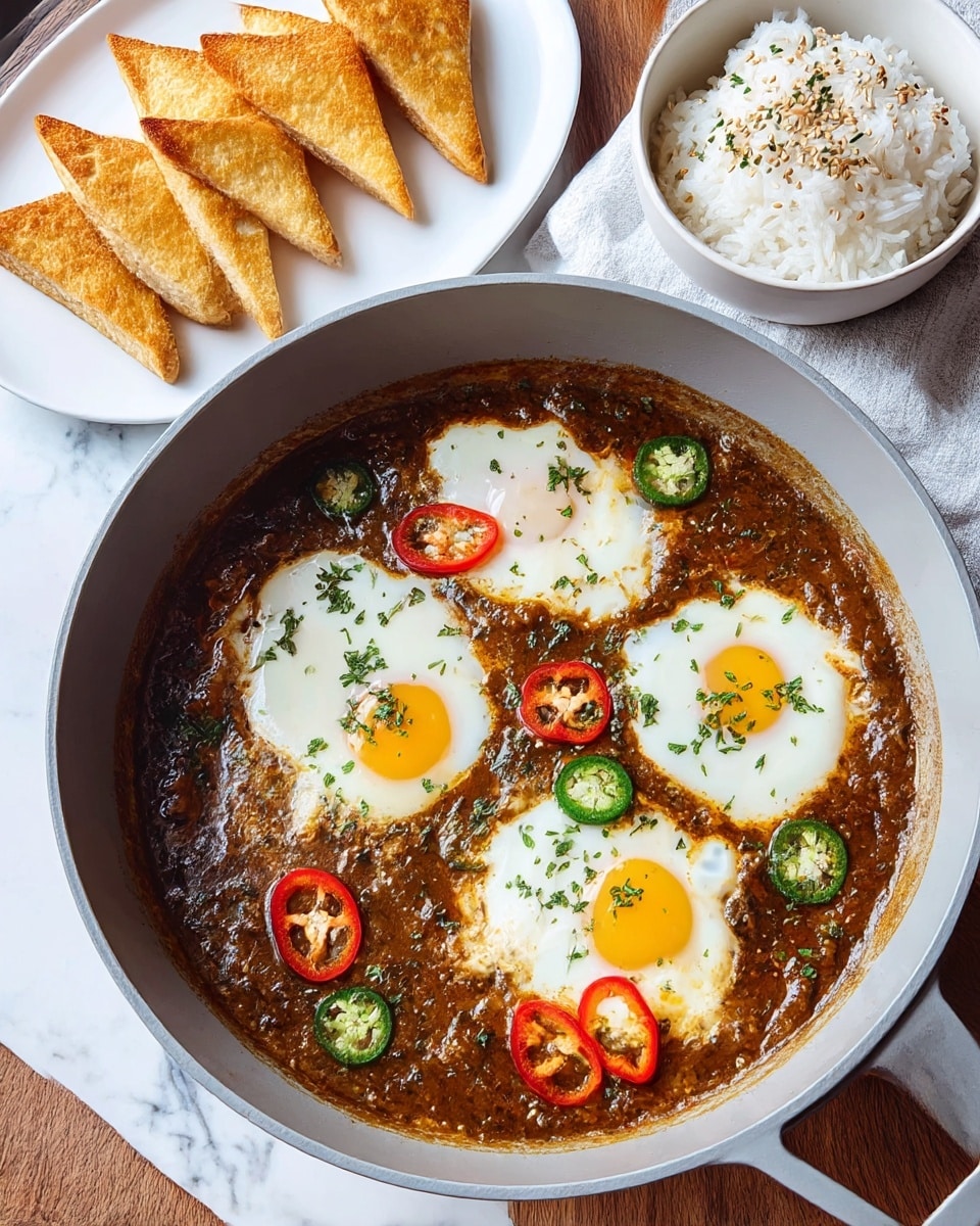A deep light gray cooking pan contains a rich brown sauce with a slightly chunky texture, filled with four soft-poached white eggs with bright yellow-orange yolks partially visible beneath the whites. Thin slices of red and green chili peppers are scattered on top, along with small green herb sprinkles. To the top left, a white plate holds golden brown triangular toasts arranged in a circular fan shape. To the top right, a white bowl is filled with fluffy white rice sprinkled lightly with sesame seeds, set on a wrinkled white cloth on a wooden table, all placed on a white marbled texture. photo taken with an iphone --ar 4:5 --v 7