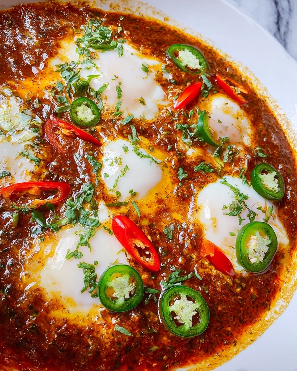 The dish shows four cooked eggs with smooth, white, slightly runny yolks spread evenly in a shallow layer of rich, thick brown-red sauce. The sauce has a slightly oily texture with herbs and spices, sprinkled with finely chopped green herbs on top. Scattered thin slices of fresh green and red chili peppers are placed on the surface adding bright pops of color. The entire food is served in a wide, shallow white plate, set on a white marbled background. photo taken with an iphone --ar 4:5 --v 7