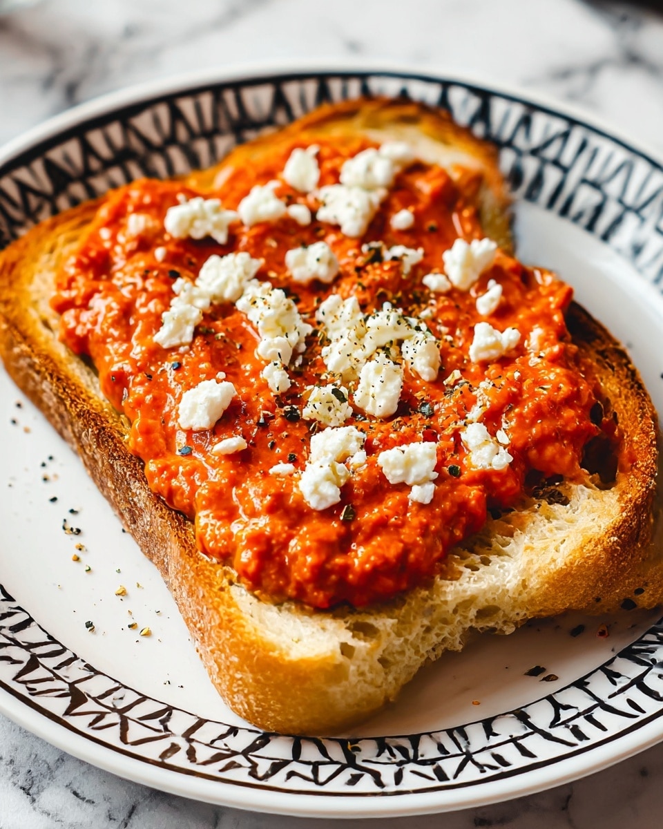 A close-up of a toasted slice of bread with a thick layer of bright red roasted red pepper spread covering the whole top surface, scattered with small white crumbles of soft cheese and a light sprinkle of black pepper. The bread has a golden-brown crust and a fluffy, porous interior. The toast is placed on a white plate with a black geometric pattern around the edge, sitting on a white marbled surface. Photo taken with an iphone --ar 4:5 --v 7