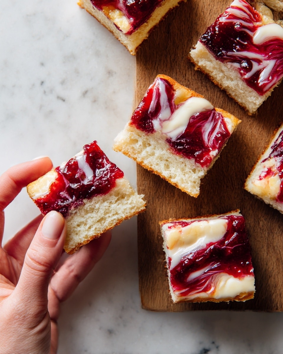 Several square pieces of focaccia bread are spread on a wooden surface. Each piece has two layers: a thick, airy beige bread base with a rough texture and a top coating that is glossy with a swirled mix of deep red jam and shiny white icing. Two woman's hands hold one piece, with one finger touching the jam and icing layer, showing the soft and porous inside of the bread closely. The photo is taken on a white marbled texture surface. photo taken with an iphone --ar 4:5 --v 7