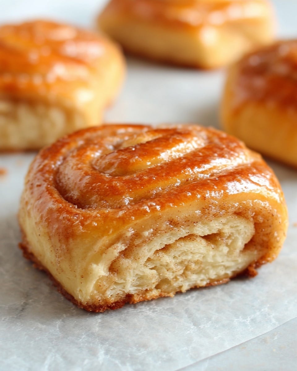 The image shows a close-up of a single cinnamon roll with a shiny, golden-brown crust on top. The roll has multiple layers of soft dough inside, which are light beige in color with a slightly grainy texture, indicating the sugar and cinnamon mix rolled within. The roll is placed on white parchment paper, with a few more cinnamon rolls slightly out of focus in the background. The surface beneath the rolls is a white marbled texture. photo taken with an iphone --ar 4:5 --v 7