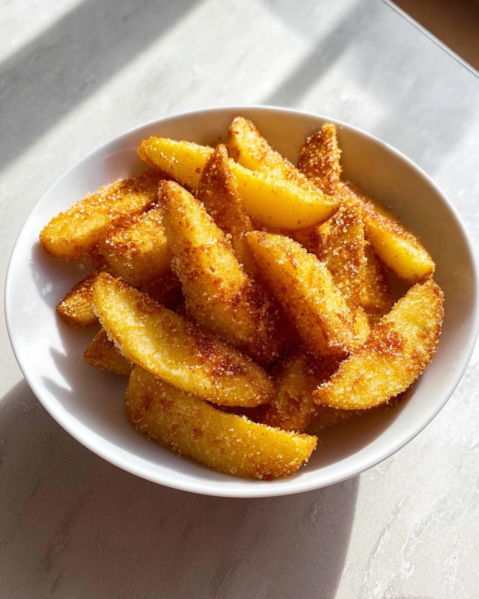 A white bowl filled with golden-yellow, thick potato wedges that have a crispy, crunchy coating with visible coarse crumbs. Each wedge is uniformly coated and slightly browned at the edges, giving a textured look. The bowl sits on a white marbled texture with soft natural light casting shadows across the scene, emphasizing the crispiness and warm color of the wedges. Photo taken with an iphone --ar 4:5 --v 7
