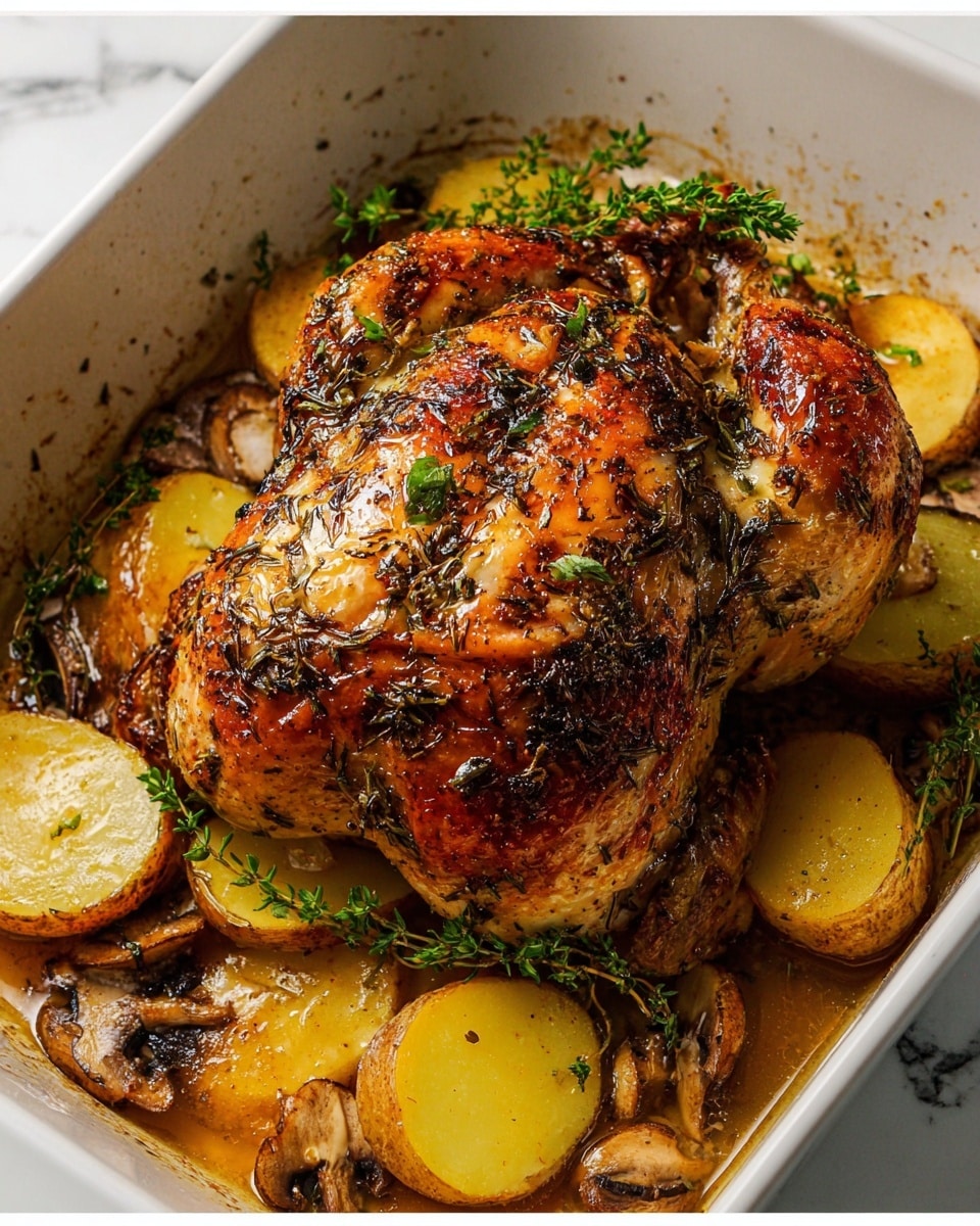 This image shows a roasted whole chicken in a white baking dish on a white marbled surface. The chicken is golden brown with a crispy skin covered in herbs and spices. It sits on a bed of sliced yellow potatoes with a soft texture. Around the chicken and potatoes are sprigs of fresh green herbs and pieces of sliced mushrooms. The dish looks juicy with a light layer of cooking juices at the bottom. photo taken with an iphone --ar 4:5 --v 7