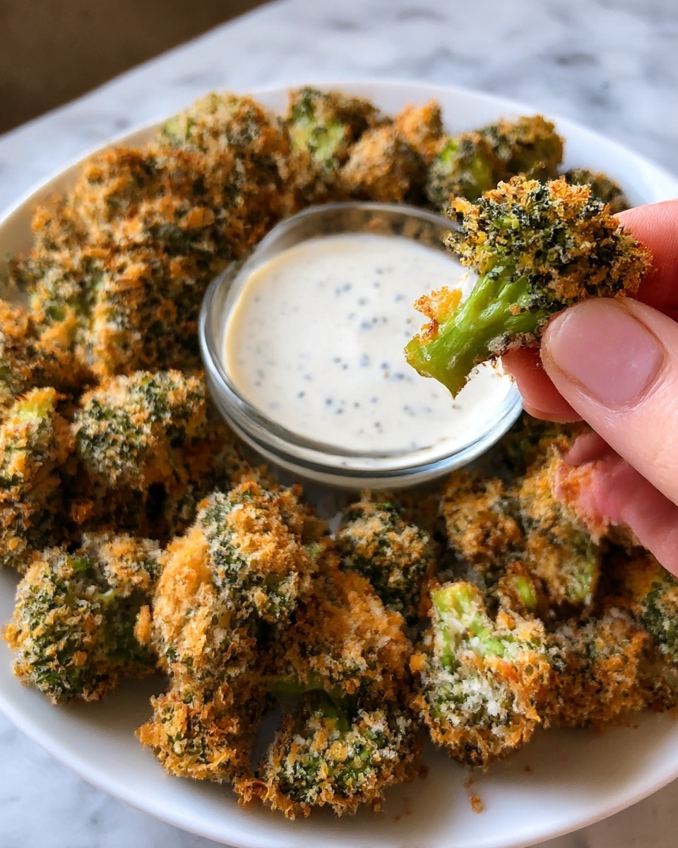 A white plate is filled with many small pieces of broccoli, each covered in a thick, rough layer of golden-brown crispy crumbs mixed with melted cheese, giving a crunchy texture. In the center of the plate, there is a small clear glass bowl filled with white creamy dipping sauce with small dark specks. In the close-up, a woman's hand holds one piece of seasoned broccoli, showing a crunchy coating and bright green broccoli stem beneath. The white marbled texture is visible in the background. photo taken with an iphone --ar 4:5 --v 7