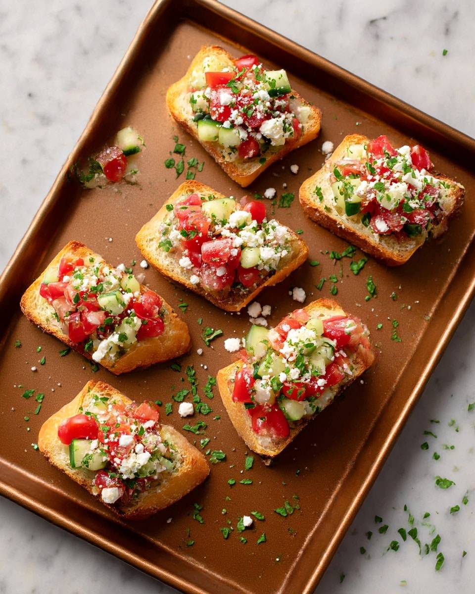Six pieces of toasted bread cut into diamond shapes are placed on a brown baking tray over a white marbled surface. Each piece is topped with a colorful mix of diced red tomatoes, pale green cucumbers, and crumbly white cheese, all sprinkled with small chopped green herbs. The bread is golden brown and crispy around the edges, while the toppings show a fresh and bright texture. Some loose green herbs are scattered on the tray around the bread pieces. photo taken with an iphone --ar 4:5 --v 7