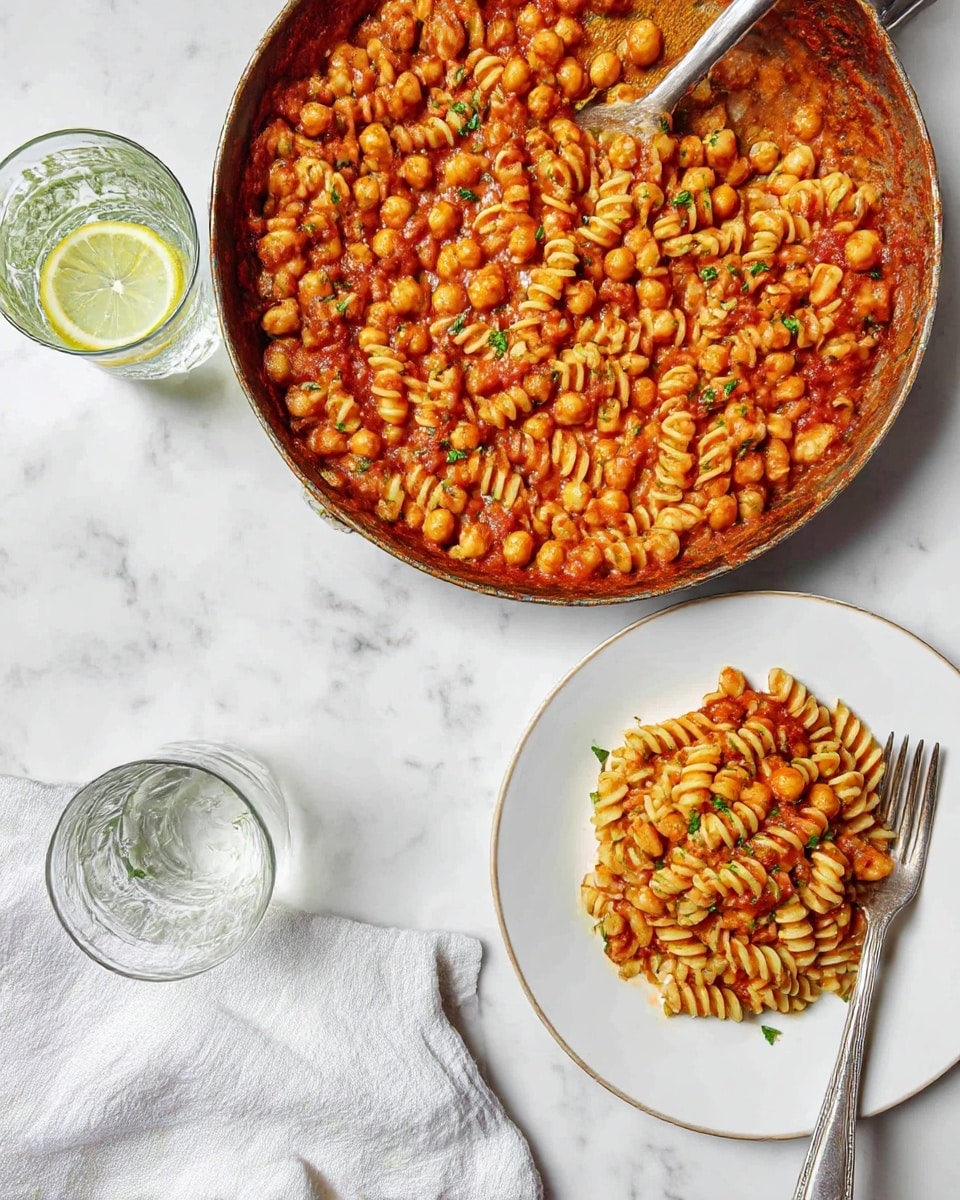 A skillet filled with a creamy red tomato sauce mixed with golden-brown roasted chickpeas and pale yellow spiral pasta, lightly sprinkled with green herbs; next to it on a white plate is a serving of the same pasta and chickpea mix coated in the rich sauce, showing the shiny texture of the chickpeas and soft curls of pasta; nearby, a glass of water with a lemon slice and a silver fork resting on a white cloth are placed on a white marbled surface. photo taken with an iphone --ar 4:5 --v 7