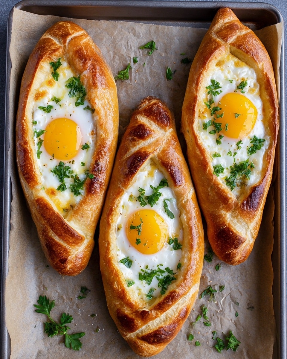Three boat-shaped breads with golden-brown crusts are placed side by side on a baking tray lined with parchment paper. Each bread has a center filled with white melted cheese topped with a bright yellow runny egg yolk. Small green parsley leaves are scattered on top of the eggs and around the breads on the parchment. The breads have slight browning spots from baking, and the edges look soft but toasted. Photo taken with an iphone --ar 4:5 --v 7