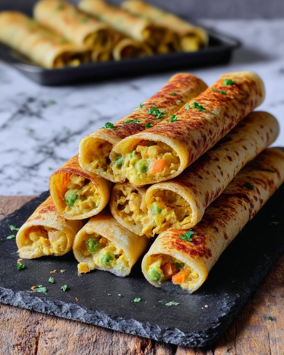 The image shows a stack of six rolled crepes, arranged in two layers on a dark slate serving board. Each crepe is golden brown with specks of reddish seasoning on top and sprinkled with small green herb pieces. The crepes are filled with a yellowish mixture of smashed vegetables with visible green peas and bits of orange carrot, peeking out from the open ends. The slate board rests on a rough wooden surface, with a blurred tray of similar crepes in the background, all set against a white marbled texture. photo taken with an iphone --ar 4:5 --v 7