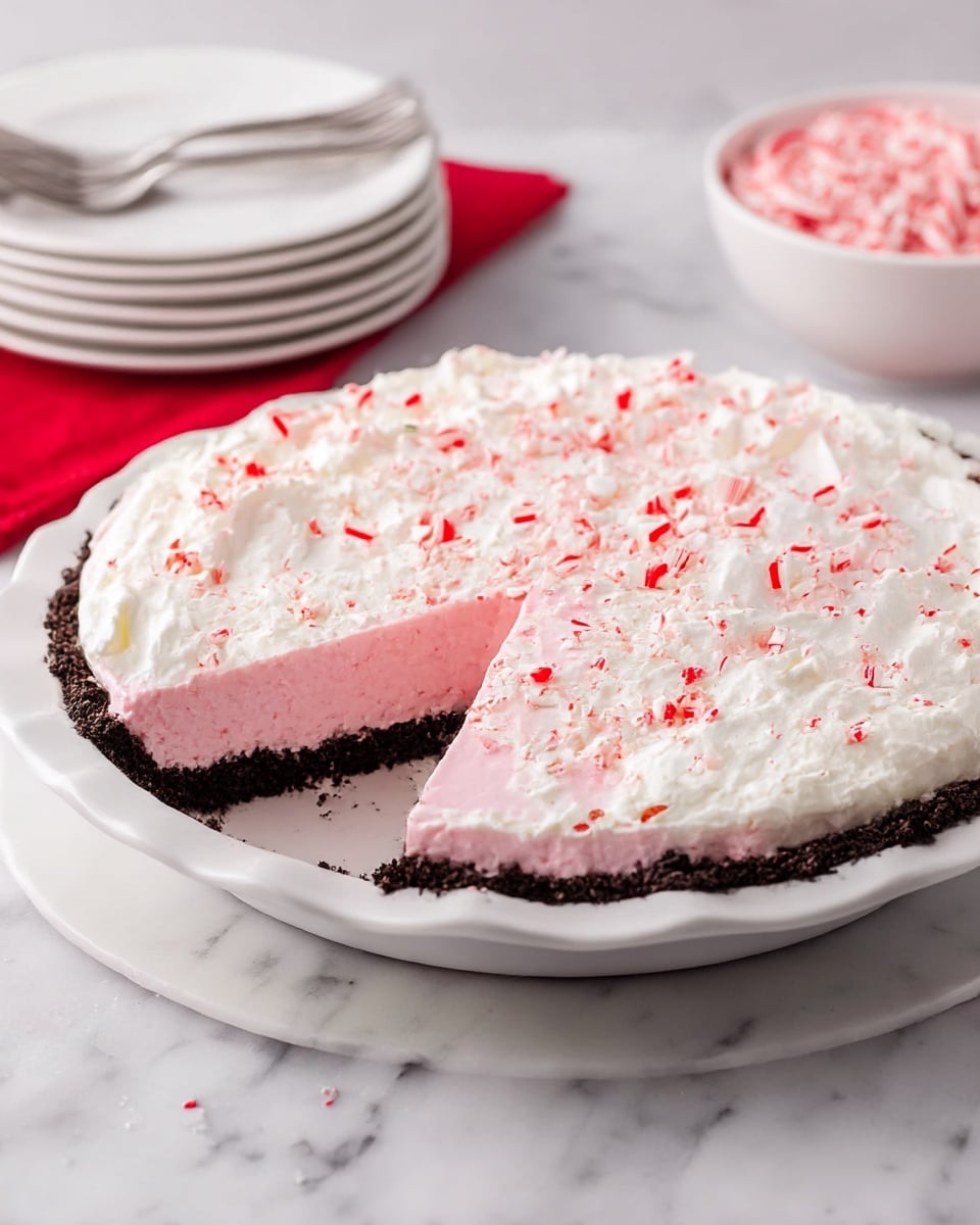 A three-layer pie is shown on a white plate with a scalloped edge, placed on a white marbled surface. The bottom layer is a dark crumb crust, possibly chocolate, pressed evenly along the base and sides. On top of the crust is a thick, smooth pink layer that covers the entire surface inside the crust. The top layer is fluffy white cream spread generously over the pink layer, with small red and white crushed peppermint sprinkles scattered evenly on top. In the background, there are stacked white plates with silver forks and a white bowl filled with more crushed peppermint. A red cloth and candy canes are also visible nearby. photo taken with an iphone --ar 4:5 --v 7
