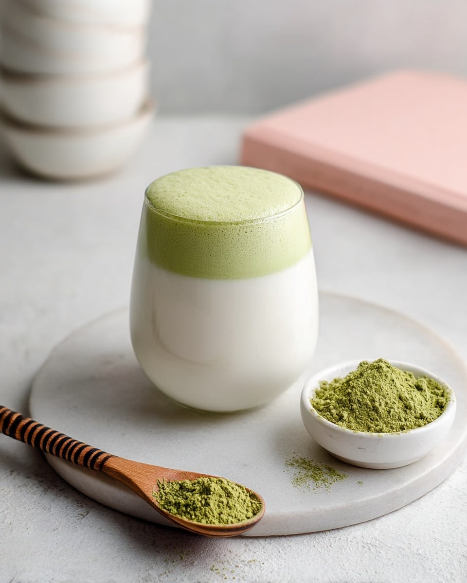 A glass with two layers sits on a light gray round tray placed on a white marbled textured surface. The bottom layer is thick, smooth, and white, making up about two-thirds of the glass. The top layer is a light green foam with a creamy texture, covering the top third of the glass. In front of the glass is a wooden spoon with dark stripes on its handle, filled with green powder. To the right, a white bowl holds more green powder. In the background, part of a pink book and stacked white bowls are visible but blurred. Photo taken with an iphone --ar 4:5 --v 7