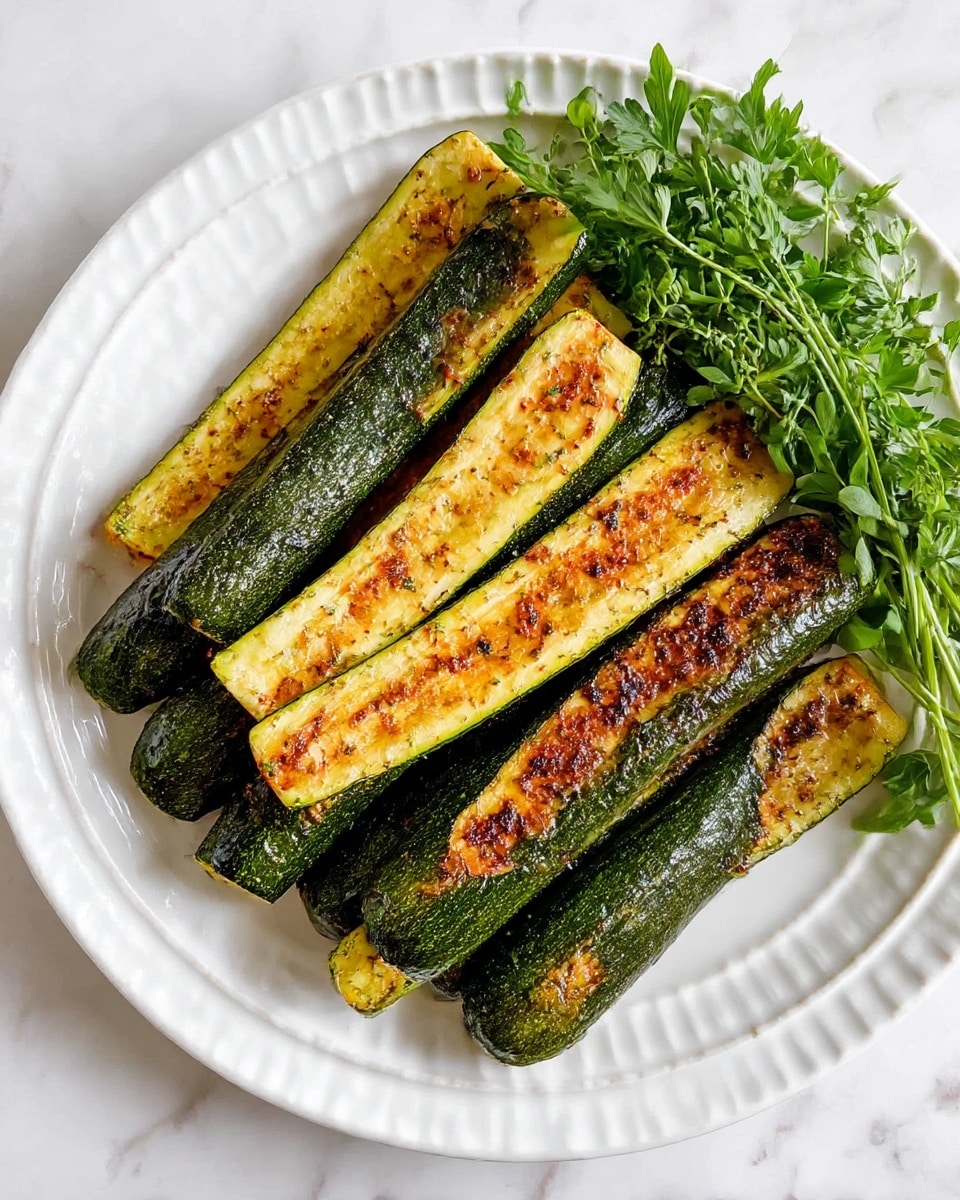 This image shows a white plate with ten pieces of grilled zucchini, each cut lengthwise into halves. The zucchini pieces are arranged in two layers, alternating between dark green skin side down and golden brown grilled flesh side up, with a slightly charred and seasoned texture. On the top right corner of the plate, there is a small bunch of fresh green herbs. The plate is set on a white marbled surface. photo taken with an iphone --ar 4:5 --v 7