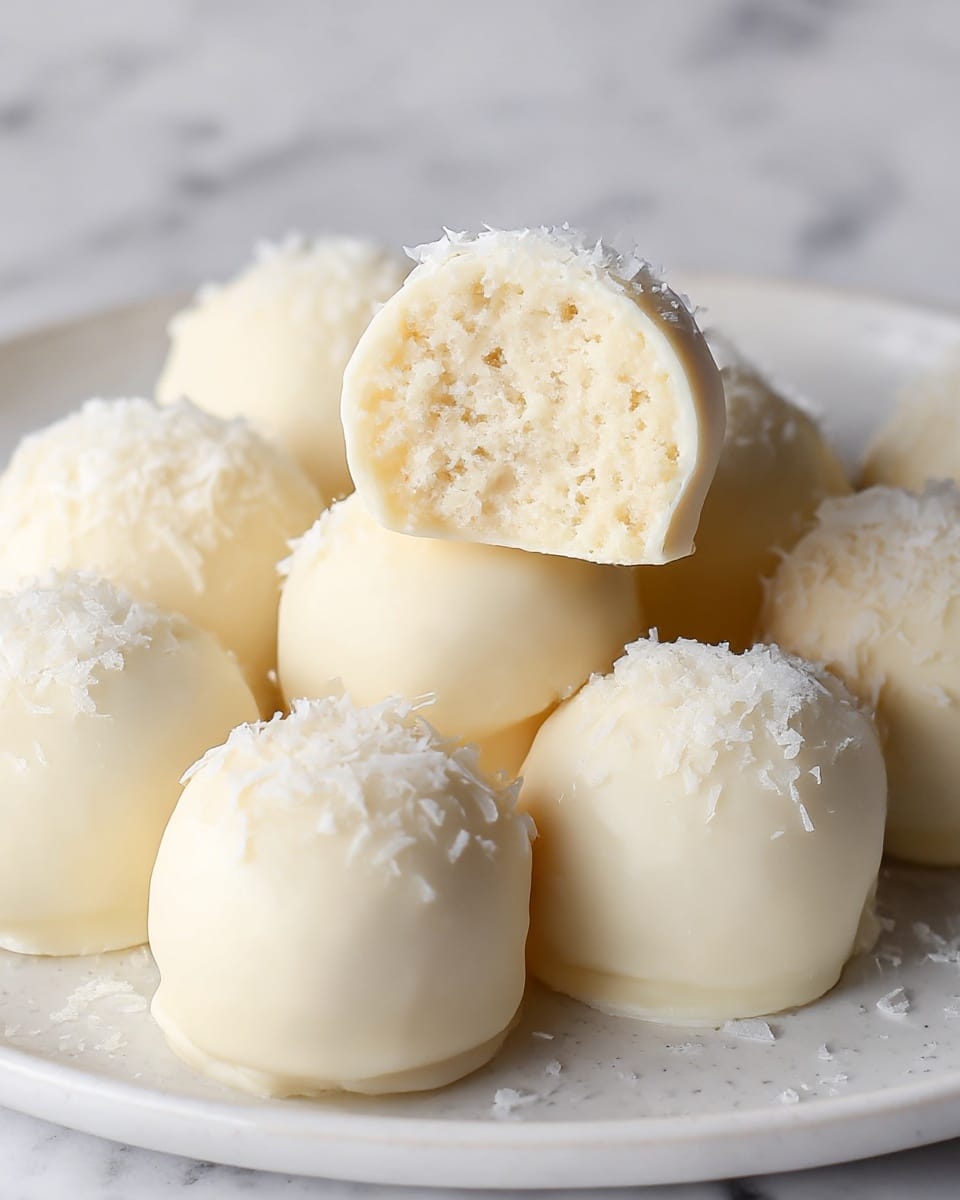 A pile of seven smooth, round truffles coated with creamy white chocolate sits stacked on a simple white plate. Each truffle is slightly textured with some unevenness in the white chocolate coating, and a few are topped with fine white coconut flakes, adding a light touch of texture and color contrast. The plate rests on a white marbled surface, and soft warm lighting creates a cozy atmosphere in the blurred background. Photo taken with an iphone --ar 4:5 --v 7