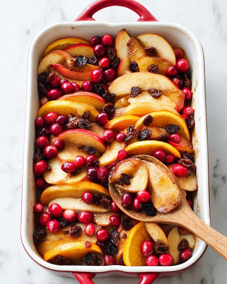 A white rectangular baking dish is filled with a mix of sliced fruits and berries. There are three main layers of food: the bottom layer has thick slices of orange-colored fruit, possibly peaches or nectarines, with a soft texture; the middle layer consists of large slices of red-skinned apples with a slight dusting of cinnamon, showing a mix of smooth and slightly rough surfaces; the top layer is scattered with bright red cranberries and small dark raisins, adding a pop of color and texture contrast. A wooden spoon is placed on the right side, partially lifting some of the fruit slices. The dish is set on a white marbled surface. photo taken with an iphone --ar 4:5 --v 7