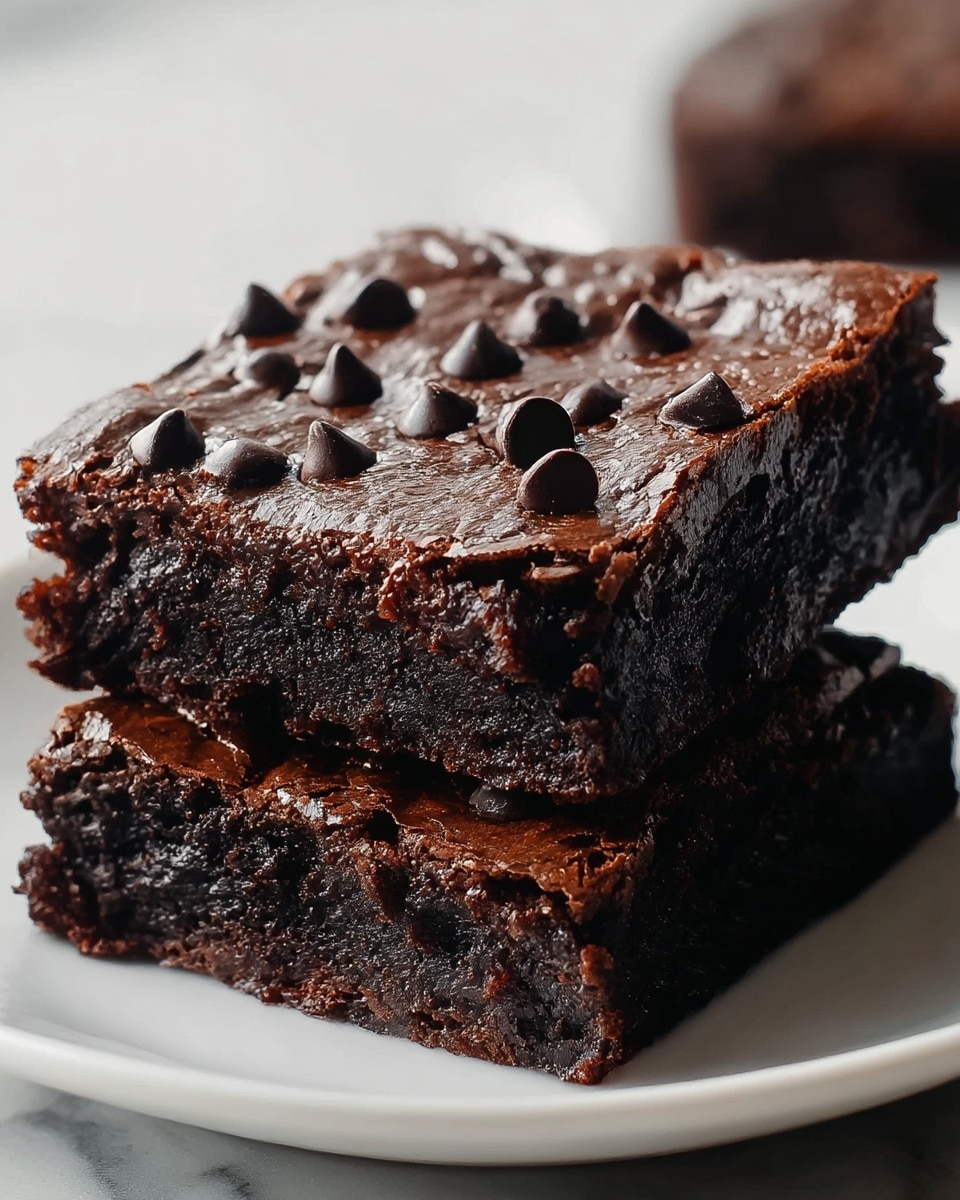 Two thick, square brownies are stacked on a white plate placed on a white marbled surface. Each brownie has a dark brown, slightly glossy top layer covered with small, scattered dark chocolate chips. The edges of the brownies are firm and slightly crumbly, showing a dense, rich, and moist texture inside. The top layer looks cracked in places, giving a homemade look. Photo taken with an iphone --ar 4:5 --v 7