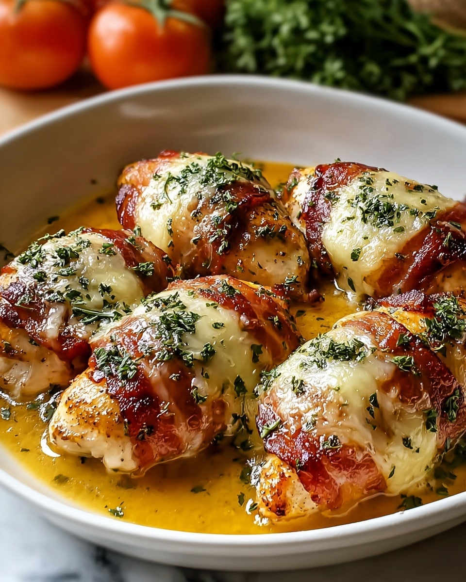 A close-up view of a white round dish filled with five baked chicken breasts wrapped in crispy, golden-brown bacon. Each chicken piece is topped with a layer of melted cheese, slightly browned and bubbling, with fresh green herbs sprinkled on top. The chicken sits in a shallow pool of rich, yellow-orange sauce that looks creamy and smooth. The background is softly blurred with a white marbled surface and some green herbs and orange tomatoes visible in the distance. photo taken with an iphone --ar 4:5 --v 7
