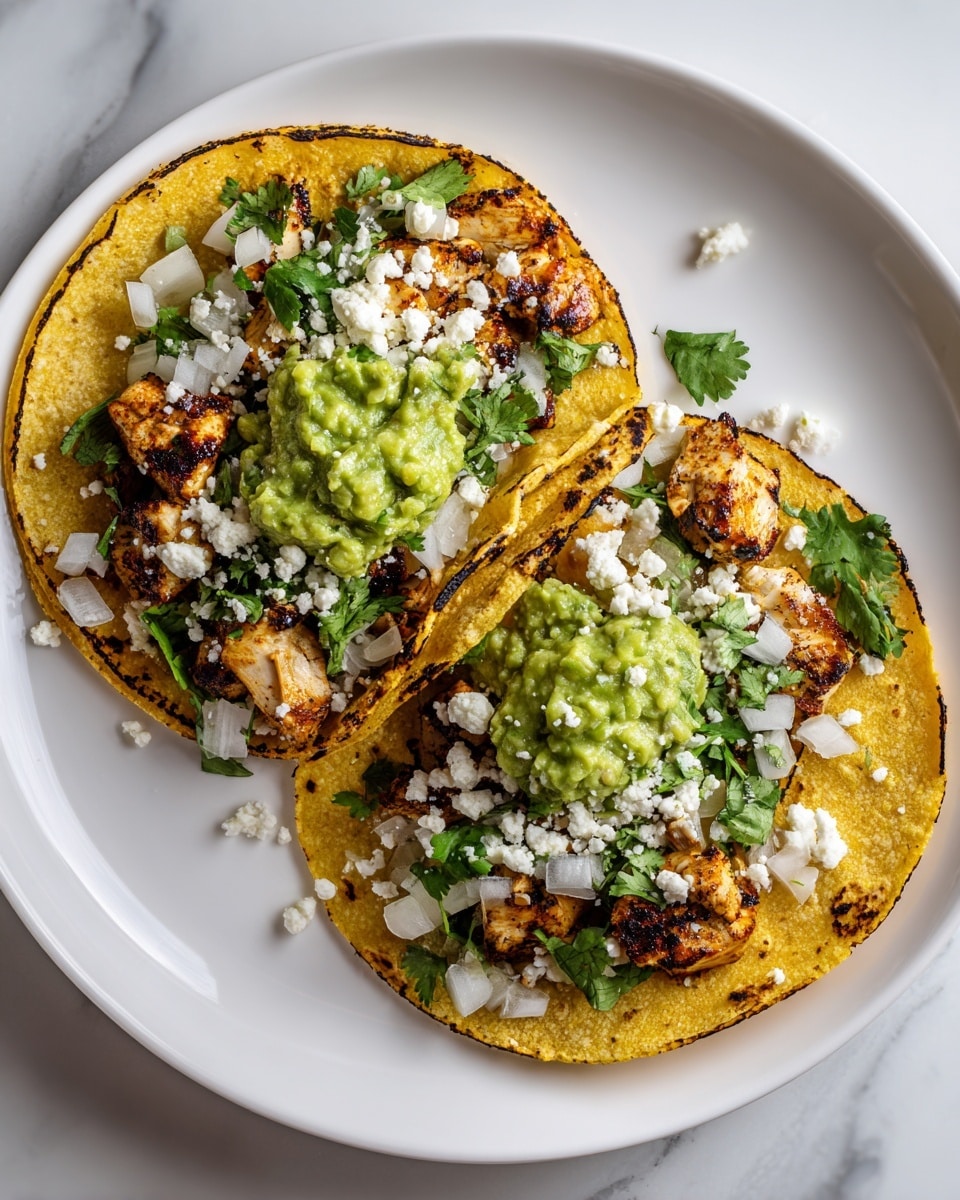 Two tacos sit side by side on a white plate, each with a yellow corn tortilla base showing light char marks. The bottom layer inside the tortillas is made of grilled, slightly charred chicken pieces with a golden-brown color. On top of the chicken, there are small white onion chunks and green cilantro leaves scattered evenly. In the center of each taco, a dollop of bright green guacamole sits with a slightly chunky texture. Crumbled white cheese is sprinkled generously over the tacos, adding a soft contrast to the other textures. The setup rests on a white marbled surface, creating a clean background. photo taken with an iphone --ar 4:5 --v 7