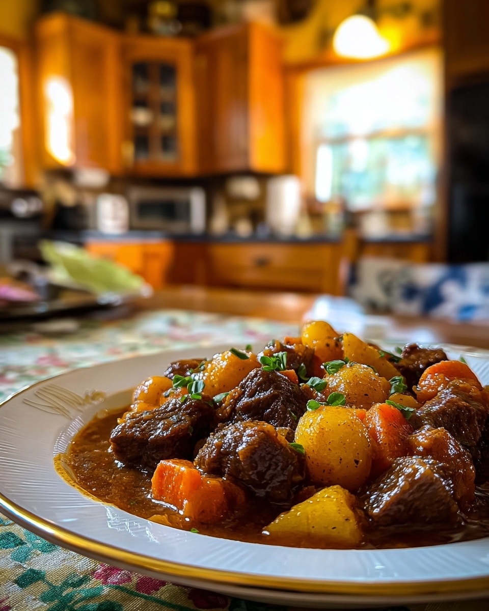 A close-up of a stew served in a white plate with a subtle decorative gold rim, showing chunky layers of dark brown beef pieces mixed with bright orange carrots and yellow potatoes soaked in a rich, glossy brown sauce, garnished with a few small green herbs scattered on top. The dish is placed on a table covered with a patterned cloth, and the background is softly blurred, showing a cozy kitchen setting with warm wooden cabinets and sunlight coming through a window. Photo taken with an iphone --ar 4:5 --v 7