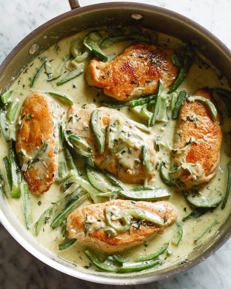 A close-up view of a silver pan filled with four golden-brown cooked chicken breasts that are partially covered in a thick, pale green creamy sauce. The sauce contains sliced green vegetables, including strips of green bell pepper and pieces of herbs sprinkled over the chicken. The chicken breasts are arranged irregularly within the sauce, which has a smooth, rich texture and covers the pan’s surface. The photo is taken on a white marbled surface. Photo taken with an iphone --ar 4:5 --v 7