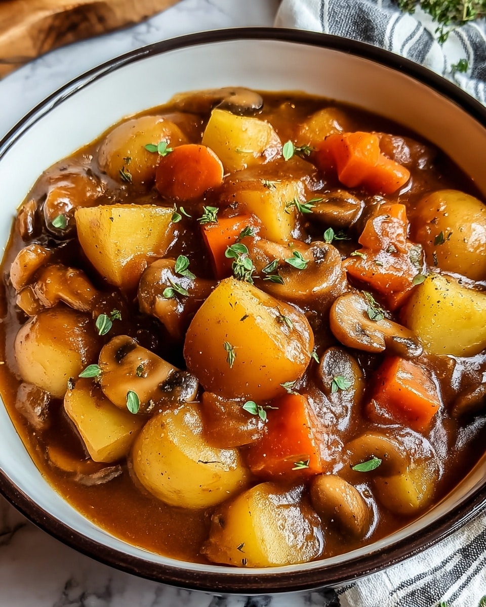 A close-up view of a thick stew served in a white bowl with a dark rim, filled with chunky pieces of golden yellow potatoes, bright orange carrot slices, and tender brown mushrooms, all coated in a rich, glossy brown sauce. The stew is garnished with small green herb leaves scattered on top, adding a fresh touch. The bowl sits on a white marbled surface with a striped cloth partially visible underneath. The image is warm and inviting, highlighting the textures of the soft vegetables and smooth sauce. photo taken with an iphone --ar 4:5 --v 7