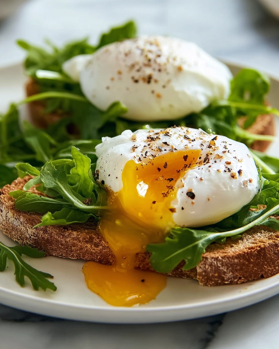 A close-up view of a dish with two poached eggs, each topped with black pepper, sitting on a bed of fresh green arugula leaves. The arugula rests on a thick slice of toasted brown bread with a crisp crust. The egg yolk is partly broken, with rich golden-yellow yolk spilling slightly onto the white egg whites and the greens below. The dish is served on a white plate placed on a white marbled textured surface, creating a clean and fresh look. photo taken with an iphone --ar 4:5 --v 7