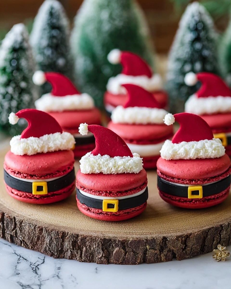 The image shows a group of red macarons arranged on a round wooden slab with rough bark edges, placed on a white marbled surface. Each macaron has two smooth red shells with a white creamy filling in the middle. On top of each macaron, there is a decoration resembling a Santa Claus belt: a black fondant strip around the middle and a small yellow fondant buckle in the center. On one side of the top shell, there is a red Santa hat made of fondant, edged with white fluffy icing mimicking fur, with a small white icing pom-pom at the tip. In the background, there are blurred green artificial trees dusted with white to look snowy. Photo taken with an iphone --ar 4:5 --v 7