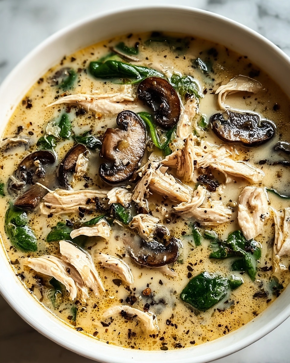 The image shows a white bowl filled with creamy soup that has a light beige color. Inside the soup, there are several layers of shredded chicken, dark brown sliced mushrooms, and green leafy vegetables scattered throughout. The soup surface has specks of black pepper, adding texture and contrast. The bowl rests on a white marbled surface, highlighting the dish's warm and rich ingredients. Photo taken with an iphone --ar 4:5 --v 7