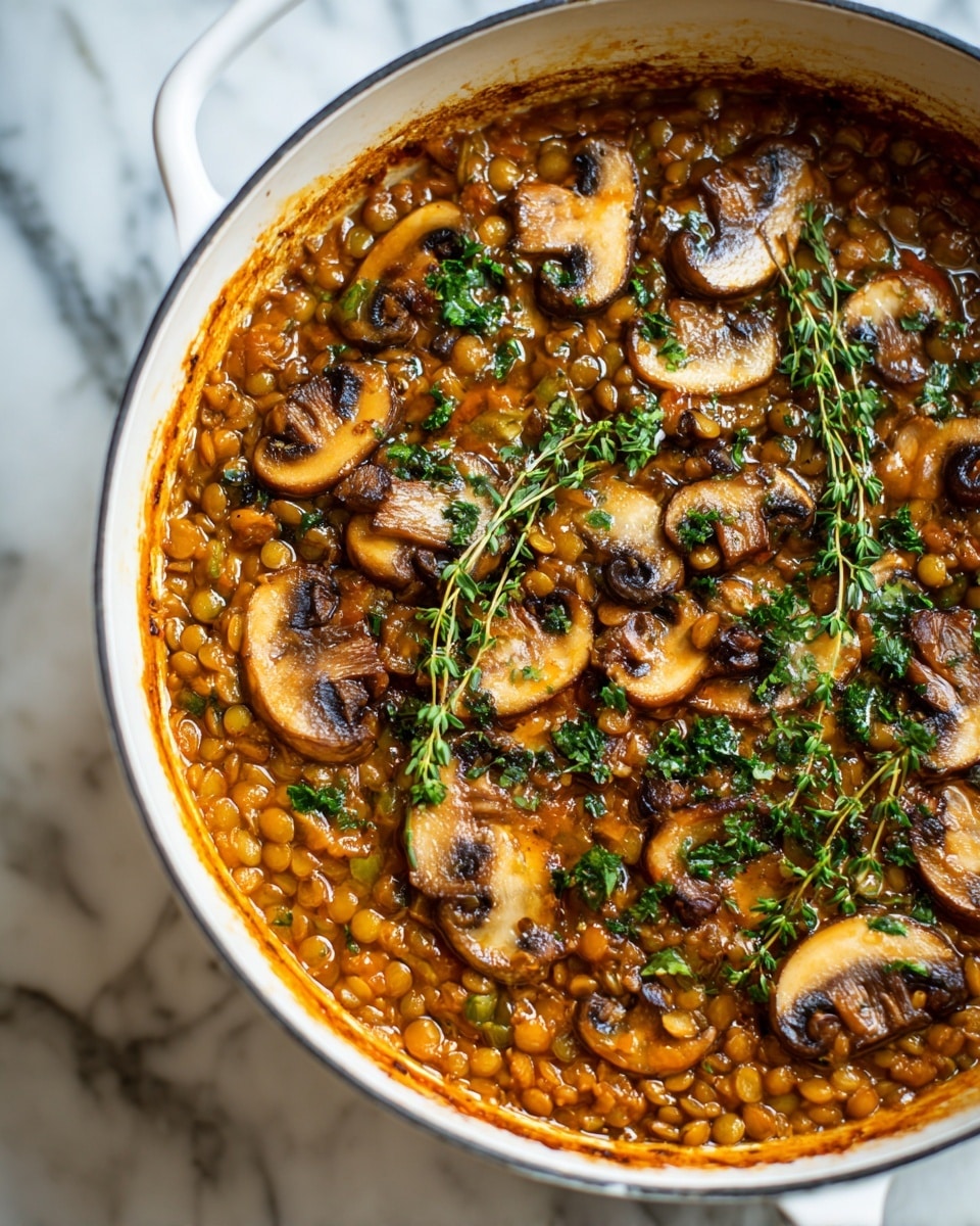 A close-up view of a white round pot filled with a thick lentil stew layered with soft, cooked green lentils at the base mixed in a rich brownish-orange sauce. On top, there are many golden brown sliced mushrooms scattered evenly, adding a smooth texture. Bright green leafy herbs, possibly parsley or thyme sprigs, are sprinkled across, giving a fresh contrast to the earthy colors. The stew has a chunky texture with visible bits of onions and other vegetables. The pot sits on a white marbled surface, showing slight dark marks on the pot edges from cooking. photo taken with an iphone --ar 4:5 --v 7