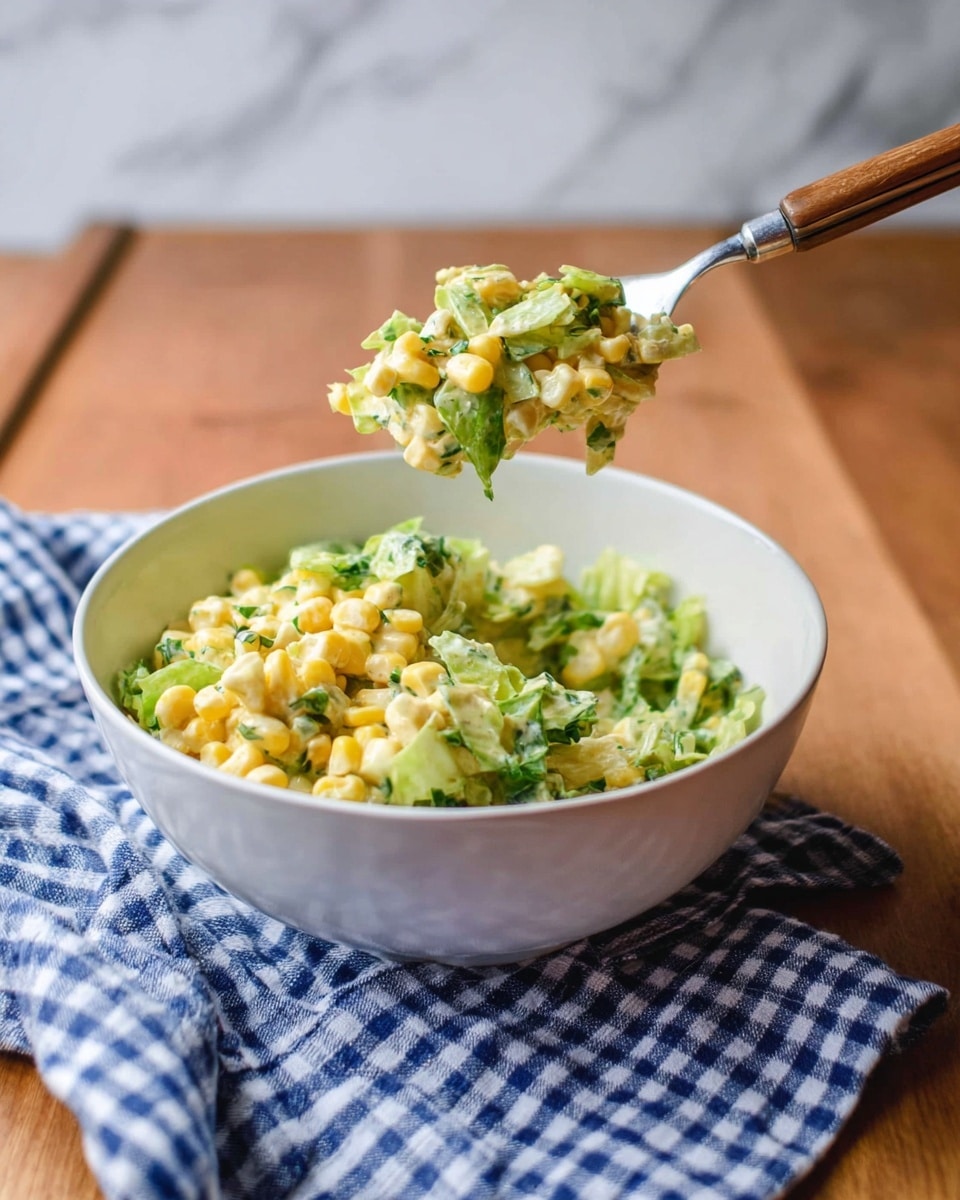 A clear glass bowl filled with a creamy corn salad showing three main layers: the base layer is pale yellow corn kernels, mixed throughout with light green shredded cabbage and small pieces of darker green herbs like cilantro placed on top and scattered inside, giving texture and freshness; the creamy dressing lightly coats the mix, making the surface shiny and soft; the bowl sits on a white marbled texture beside a halved lime and two whole green jalapeños, with a blue and white checkered cloth nearby. photo taken with an iphone --ar 4:5 --v 7