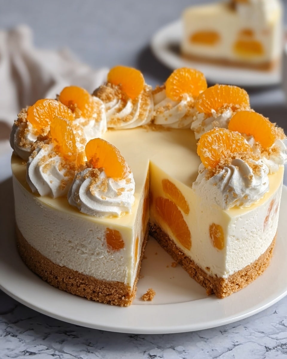 The image shows a round cheesecake on a white plate sitting on a white marbled surface. The cheesecake has three layers: a bottom crumbly golden brown biscuit crust, a thick middle creamy white layer with visible pieces of orange fruit inside, and a smooth pale yellow top layer. The top is decorated with swirls of white whipped cream evenly spaced around the edge, each topped with bright orange mandarin slices and a light dusting of crumbs. One slice is slightly pulled out, revealing the clean, smooth texture of the cheesecake layers. Photo taken with an iphone --ar 4:5 --v 7