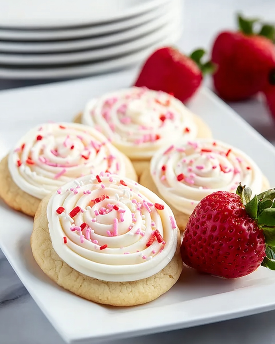 The image shows three large soft cookies on a white rectangular plate, each topped with a thick layer of smooth white frosting piped in a spiral pattern, sprinkled with small red, pink, and white round and rod-shaped sprinkles. The cookies have a light golden-brown color with a soft texture. To the right of the cookies, there is one bright red strawberry with green leaves, adding fresh color contrast. The plate rests on a multicolored cloth with pastel stripes, all set against a white marbled surface. In the background, there is a blurred stack of white plates. photo taken with an iphone --ar 4:5 --v 7