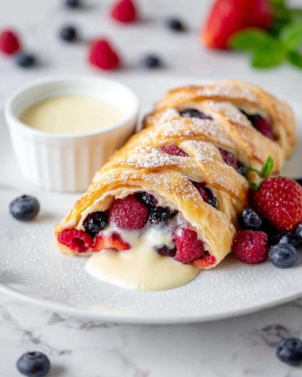 A sliced golden brown pastry on a white plate with a lattice top, filled with layers of red raspberries and dark blue blueberries, along with a creamy white filling that is slightly oozing out from the cut section. The pastry is dusted lightly with powdered sugar, and beside it is a small white bowl filled with a creamy white sauce. The background shows scattered blueberries, raspberries, and green leaves on a white marbled surface, creating a fresh and inviting scene. photo taken with an iphone --ar 4:5 --v 7