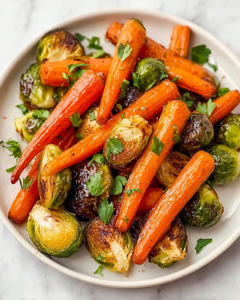 A white plate holds a mix of roasted vegetables arranged in about two layers. The bottom layer has bright orange carrot sticks with a shiny, slightly glazed surface and some charred marks. Mixed closely with them are halved Brussels sprouts, showing deep green outer leaves with a browned, crispy texture on the cut sides. Scattered fresh green parsley leaves add a touch of brightness and contrast over the carrots and Brussels sprouts. All the colors and textures stand out against a white marbled surface background. photo taken with an iphone --ar 4:5 --v 7