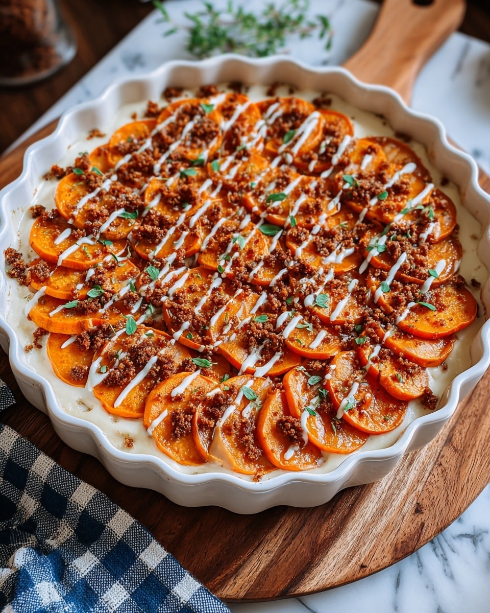 A white scalloped ceramic dish filled with layered sweet potato slices arranged in a circular pattern on top, each slice showing a vibrant orange color with a roasted texture. Below the potato slices is a creamy white sauce spread evenly across the base. The dish is topped with crumbled brown bits, likely a seasoning or crumble, scattered over the potatoes and sauce. There are also small green herb leaves sprinkled lightly for color contrast. White sauce is drizzled artistically in stripes across the whole surface. The dish sits on a wooden board above a blue and white checkered cloth, all placed on a white marbled surface. photo taken with an iphone --ar 4:5 --v 7