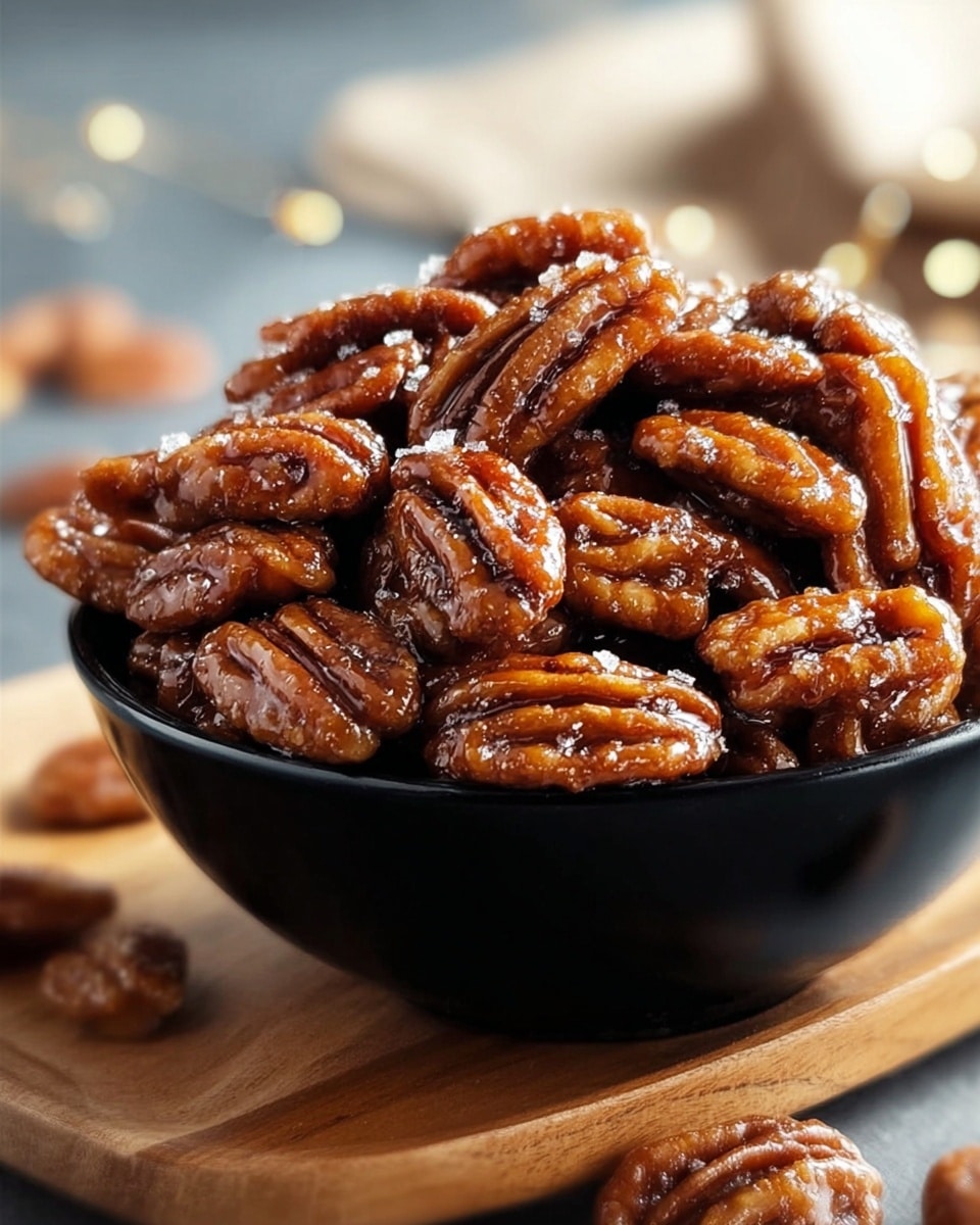 A black bowl filled with shiny, caramel-glazed pecans piled high. The caramel coating gives the pecans a glossy, rich brown color with a sticky texture, and a few small grains of salt are visible on the surface. The bowl is set on a wooden board, with some pecans scattered around it. The background is a soft blur with hints of neutral tones and a white marbled surface below, focusing all attention on the glossy pecans. photo taken with an iphone --ar 4:5 --v 7