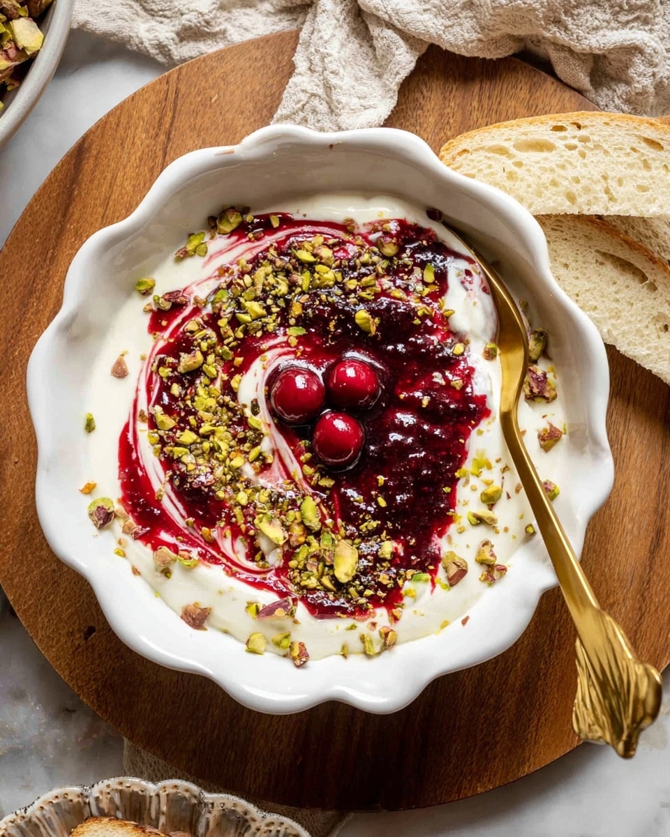 The dish shows a white scalloped bowl filled with a creamy white yogurt-like base as the first layer, spread evenly. On top of this is a thick layer of deep red berry jam swirled through the white base, creating a marbled effect. Three whole red berries are placed in the center of the jam. Crushed nuts, mainly green pistachios and some reddish bits, are sprinkled all over the top. Two large gold-colored shell-shaped spoons rest on the left side inside the bowl. A slice of bread leans on the right edge of the bowl. The bowl is on a wooden board with a white marbled texture surface underneath, and some soft beige cloth is nearby. photo taken with an iphone --ar 4:5 --v 7