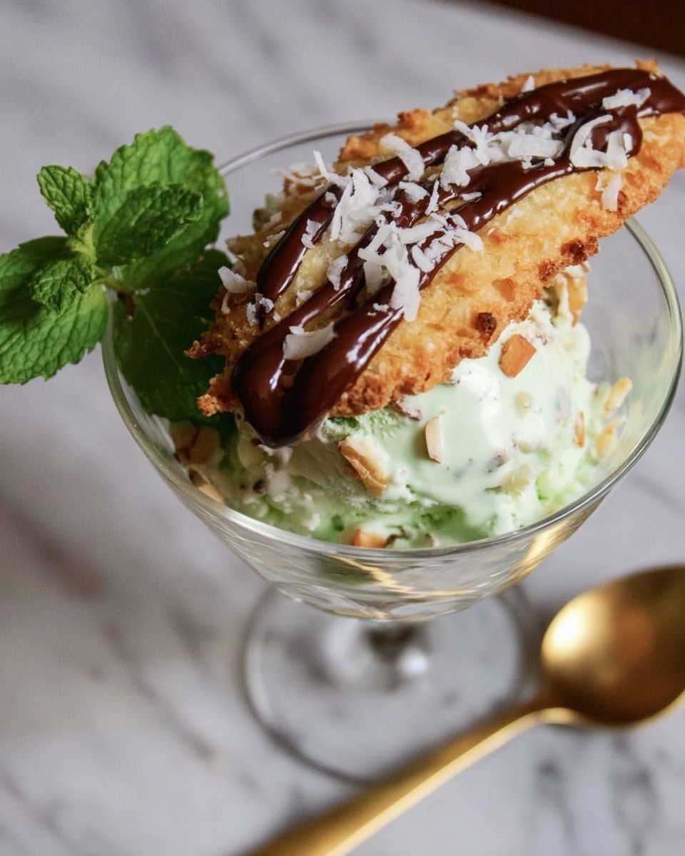 A clear glass cup holds a scoop of light green creamy ice cream mixed with small pieces of nuts or cookie crumbs around it on top. Resting on the ice cream is a large, thin, oval-shaped toasted coconut cookie with a golden brown color, drizzled with dark chocolate and sprinkled with shredded white coconut flakes. To one side of the ice cream, there is a fresh sprig of bright green mint leaves. A golden spoon is placed near the mint, appearing as if ready to scoop the dessert. The whole setup is on a white marbled surface. photo taken with an iphone --ar 4:5 --v 7