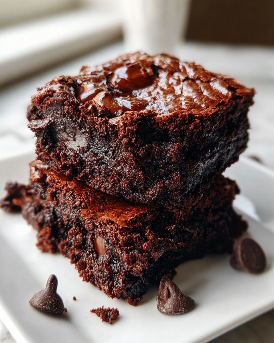Two thick, square layers of dark chocolate brownies are stacked on a white plate placed on a white marbled surface. The top layer has a shiny, cracked crust with visible melted chocolate chips embedded inside, giving it a moist, gooey texture. The bottom layer appears dense and fudgy with a rough, crumbly texture and some chocolate chips peeking through. Around the base of the brownies, a few loose chocolate chips are scattered, adding to the rich chocolate theme. The natural light coming through a nearby window softly highlights the brownies’ glossy and crumbly details. photo taken with an iphone --ar 4:5 --v 7
