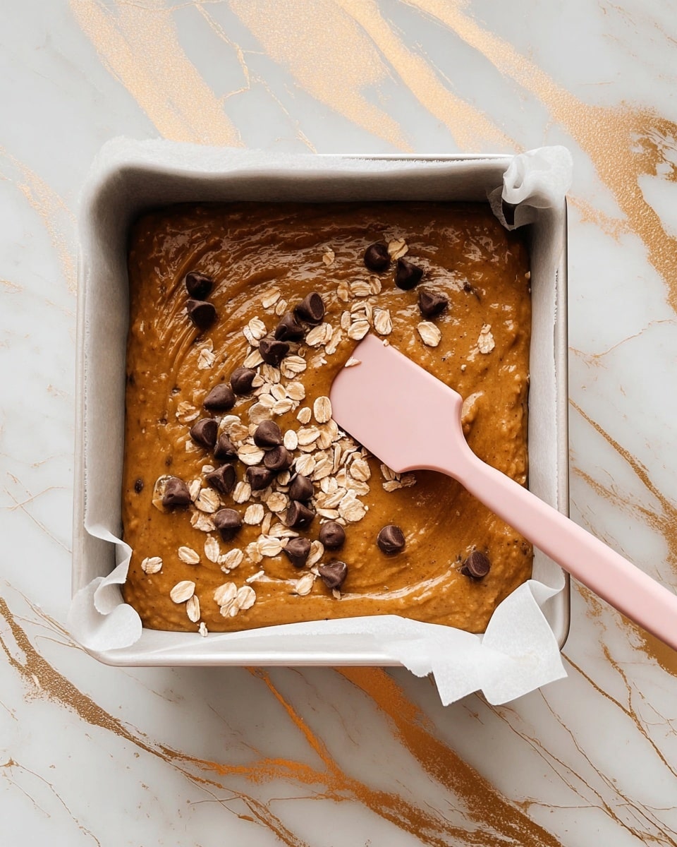 A white square baking pan lined with parchment paper holds thick, smooth, brown batter that fills almost to the top. Scattered on top of the batter are dark brown chocolate chips and light tan oat flakes, adding texture and contrast. A pale pink silicone spatula is pressed into the batter near the center, its flat end covered lightly with batter. The pan sits on a white marbled surface with gold veined patterns that add an elegant touch. photo taken with an iphone --ar 4:5 --v 7