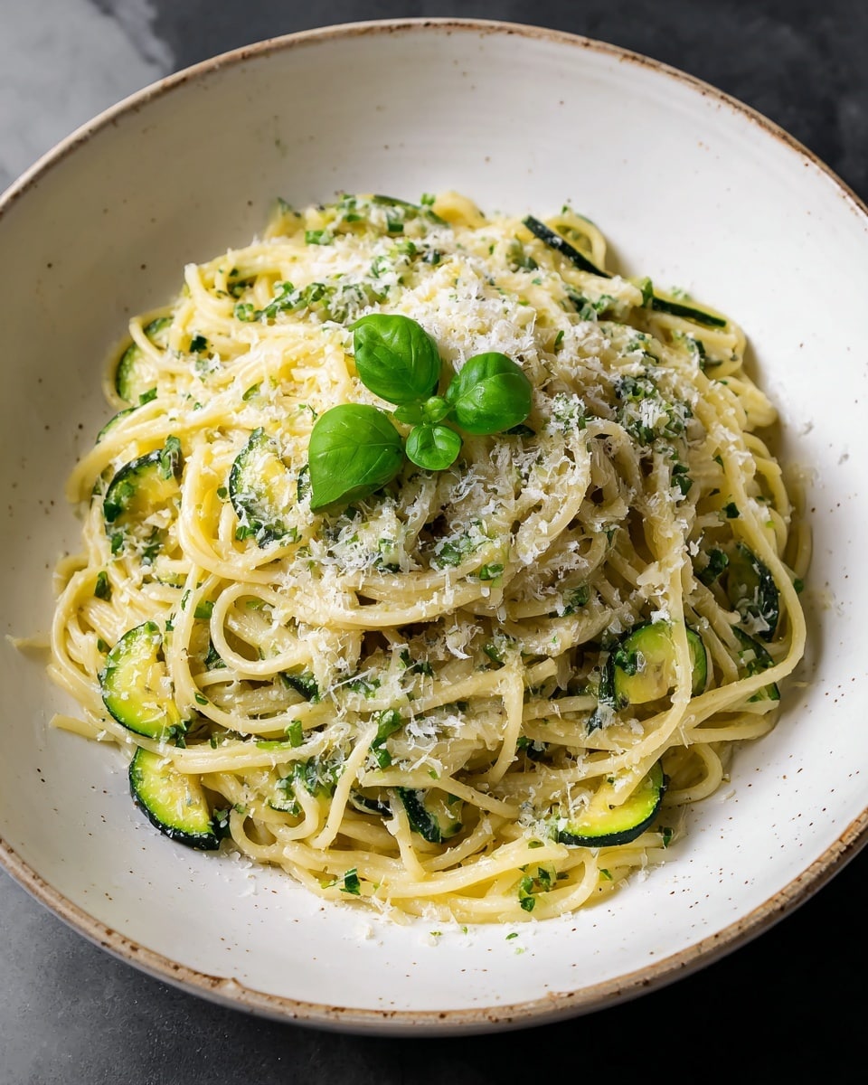 The image shows a dish of spaghetti pasta served in a large white bowl with a lightly speckled rim. The pasta is mixed with green slices of zucchini and finely chopped herbs, giving it a fresh, slightly oily look. The top of the pasta is sprinkled with a layer of finely grated white cheese, adding a soft texture. On the very top, there are two small green basil leaves placed as garnish. The bowl is set on a white marbled surface. photo taken with an iphone --ar 4:5 --v 7