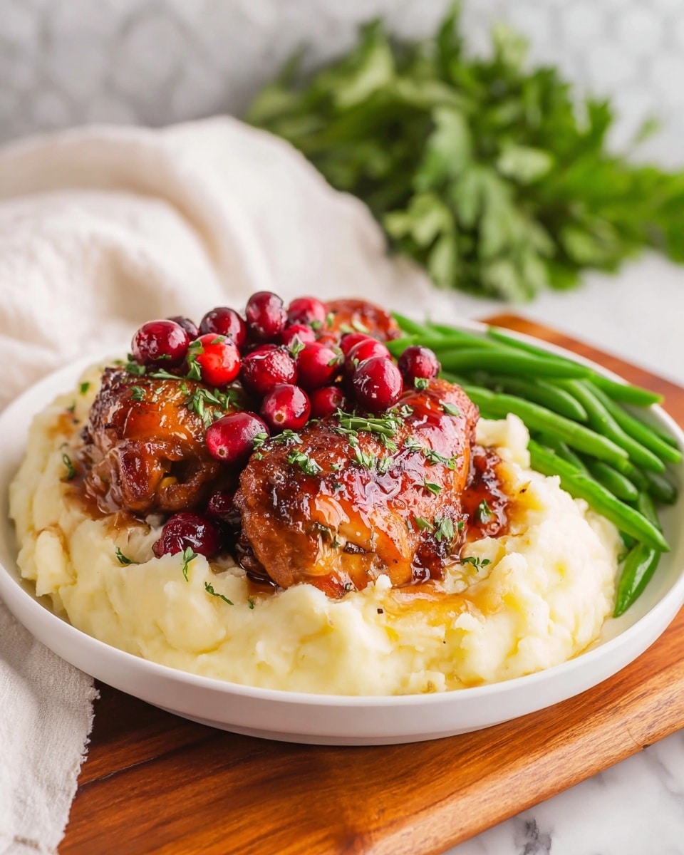 A white plate with three layers is shown: the bottom layer is a creamy, light yellow mashed potato spread thickly across the plate with a slightly chunky texture. On top, there are two pieces of glistening, golden-brown roasted chicken thighs with a sticky, caramelized surface sprinkled with green chopped herbs. Nestled beside and on top of the chicken are bright red whole cranberries adding a pop of color. To the right of the chicken and mashed potato, fresh green beans are placed in a small pile, their texture smooth and slightly glossy. The plate rests on a wooden board with a white cloth and green leafy herbs blurred in the white marbled background. Photo taken with an iphone --ar 4:5 --v 7