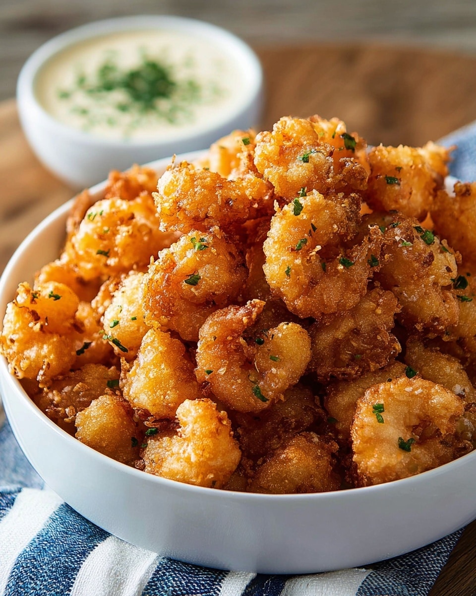 A bowl filled with a generous pile of golden brown, crispy fried popcorn shrimp, each piece showing a crunchy, textured coating with small green herb bits sprinkled throughout for color contrast; the bowl is white and sits on a wooden surface, with part of a blue and white striped cloth visible at the base. In the blurred background, a small white bowl with a creamy dipping sauce topped with green herbs is partially seen. The photo taken with an iphone --ar 4:5 --v 7