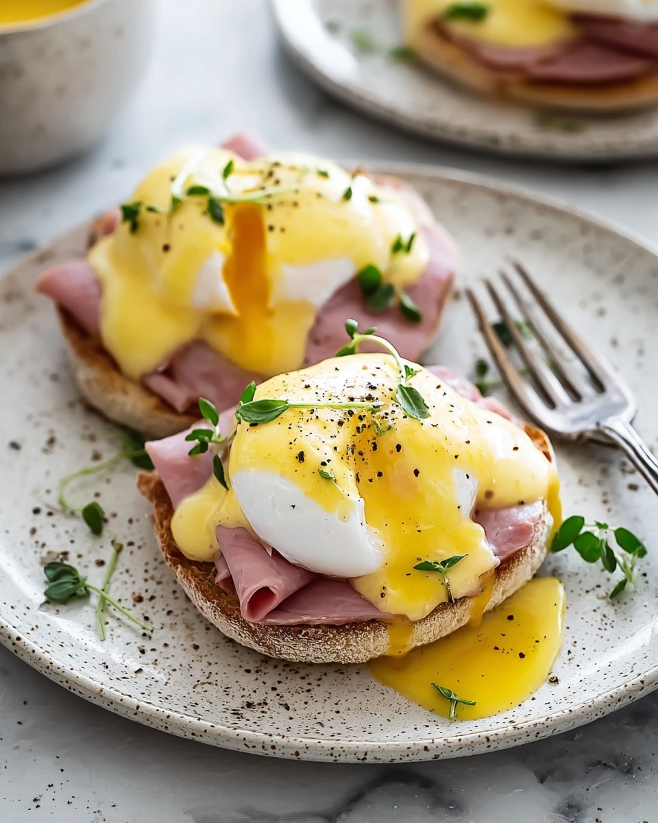 Two servings of eggs Benedict are shown on a white speckled plate set on a white marbled surface. Each serving has a toasted English muffin base, topped with thin slices of pink ham. On top of the ham, there is a smooth, shiny poached egg with a slightly runny yolk covered in bright yellow hollandaise sauce that drips down the sides. Fresh green herb sprigs and cracked black pepper are scattered on the eggs and sauce. A metal fork sits to the right on the plate with some hollandaise sauce nearby. In the background, parts of other plates with eggs Benedict are slightly visible. Photo taken with an iphone --ar 4:5 --v 7
